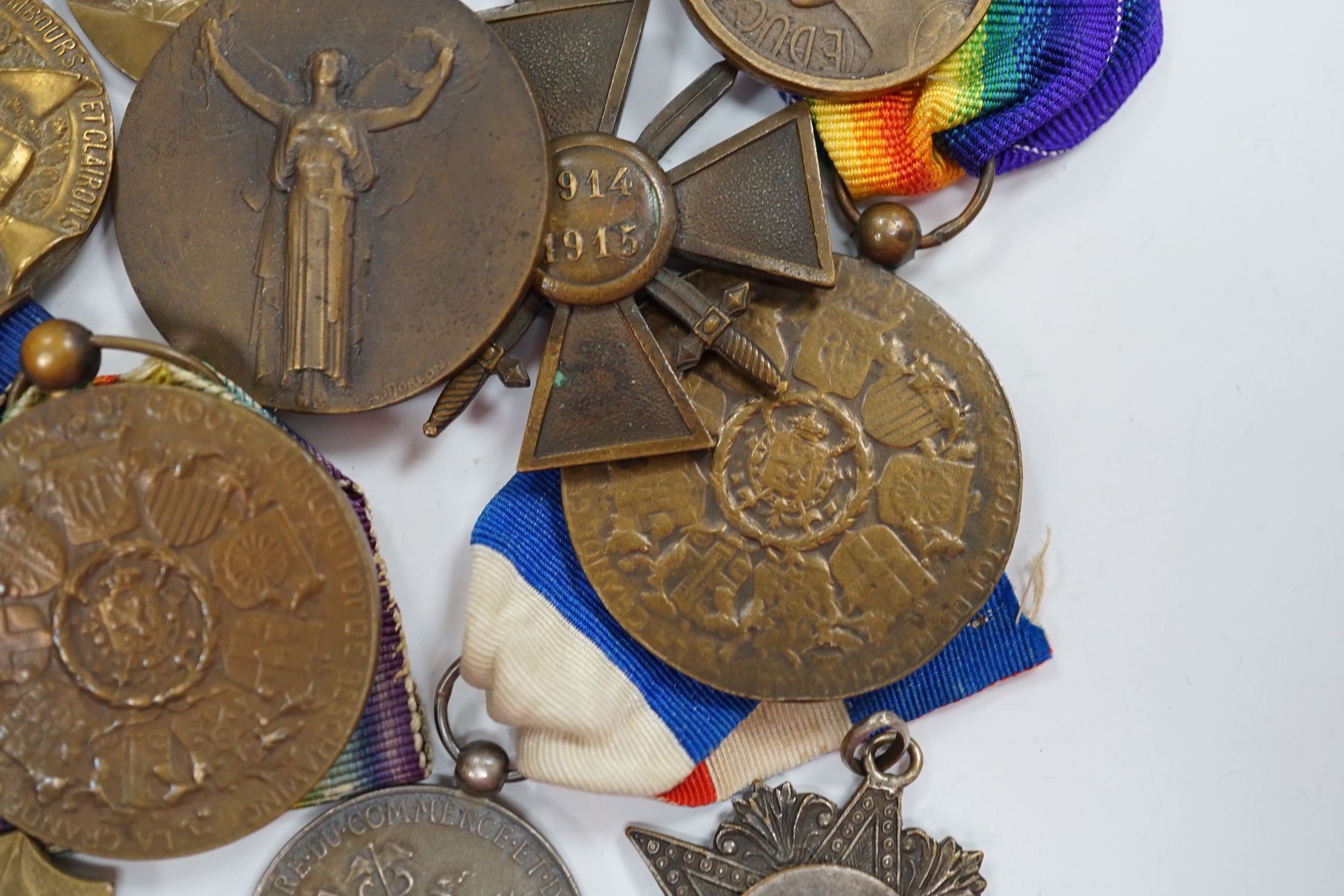 Eighteen French and Belgium medals, etc. including; Medal of Honour, War Cross, Medal of Honour for Physical Education, Victory Medal, etc.